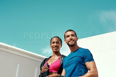 Buy stock photo People, fitness and outdoor in sportswear for exercise, training or workout with blue sky. Personal trainer, man and woman together ready for thinking, gym and physical activity for summer body