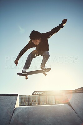 Buy stock photo Skateboard, man and jump in city skate park with trick and training in Los Angeles with exercise. Sunshine, deck and skater  with balance, sport competition and fun board flip by ramp in city