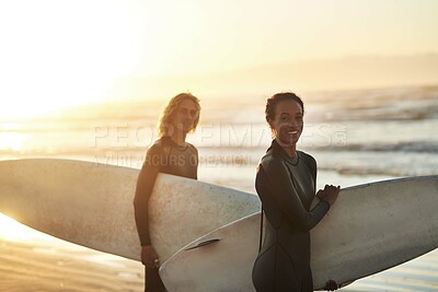 Buy stock photo Fitness, portrait and friends at a beach for surfing, vacation and morning cardio at sunrise in nature. Summer, freedom and happy people at ocean with energy, bonding water sports adventure in Bali