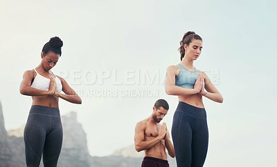 Buy stock photo Yoga, namaste meditation and group outdoor for fitness, mindfulness and peace on sky mockup space. Prayer hands, class and calm in nature for exercise, zen and wellness for healthy body in summer