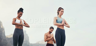 Buy stock photo Prayer hands meditation, yoga and group outdoor for fitness, mindfulness and peace of people on sky mockup space. Namaste, class and calm in nature for exercise, zen and wellness for healthy body