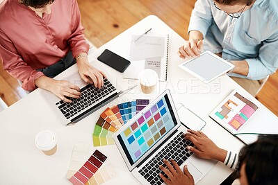 Buy stock photo Creative, designers and meeting with color swatches above for web, interior design or project at office. Top view, employees or team planning with laptop, tablet or technology for colorful palette