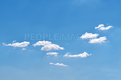 Buy stock photo Blue sky, clouds and weather background on planet with atmosphere, natural environment and earth. Empty, mockup space and cumulus in stratosphere for climate regulation, temperature and meteorology