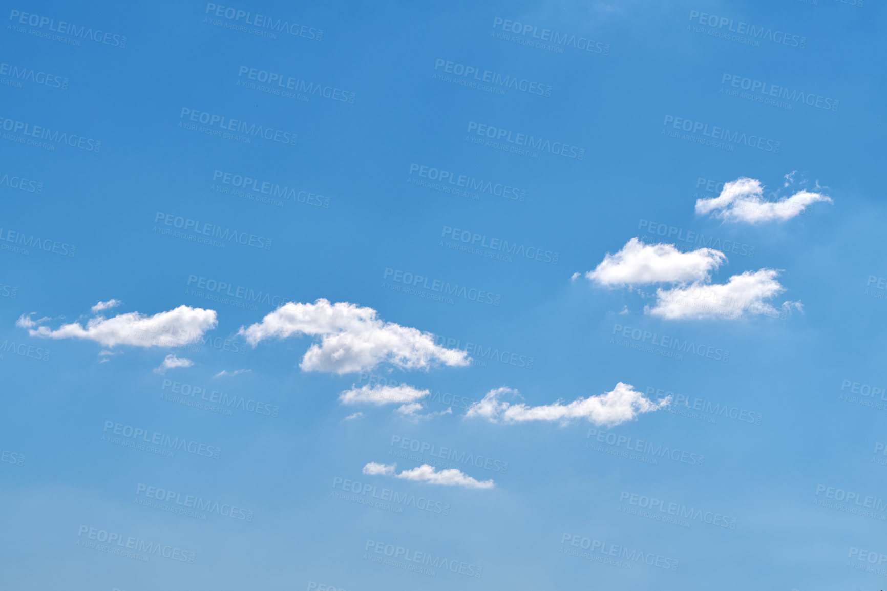 Buy stock photo Blue sky, clouds and weather background on planet with atmosphere, natural environment and earth. Empty, mockup space and cumulus in stratosphere for climate regulation, temperature and meteorology