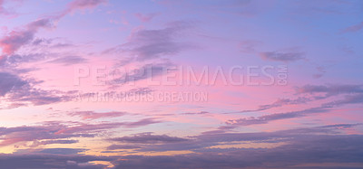 Buy stock photo Sunset, purple and sky with clouds for background, aesthetic and natural beauty. Nature, atmosphere and cloudy streak with sunshine for evening, dusk and light on horizon, scenic view or skyline