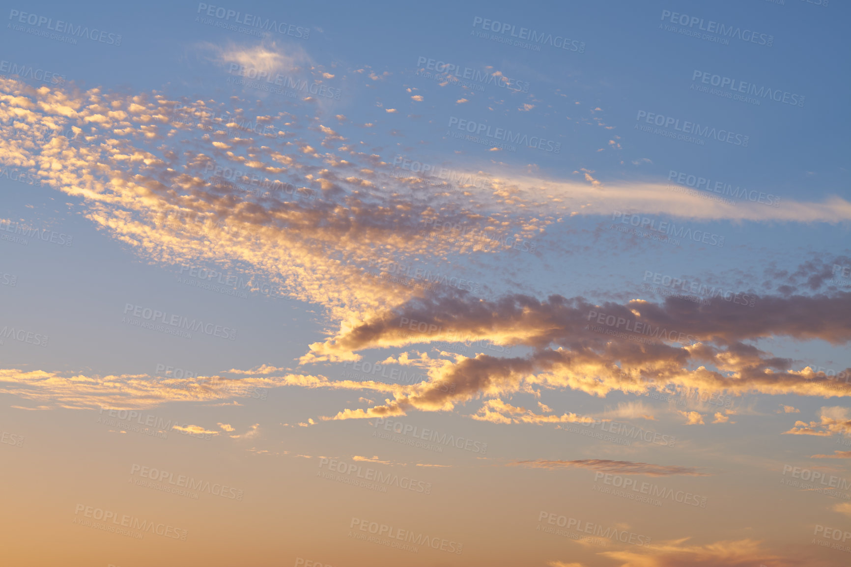 Buy stock photo Sky, clouds and weather background with sunset for aesthetic, natural beauty and scenic view. Atmosphere, sunrise and scattering in stratosphere for climate regulation, temperature and cloudy pattern