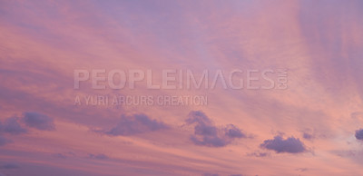 Buy stock photo Sunset, dusk and sky with clouds for background, aesthetic and natural beauty in atmosphere. Nature, weather and cloudy space for evening, purple and pattern for climate, scenic view and texture