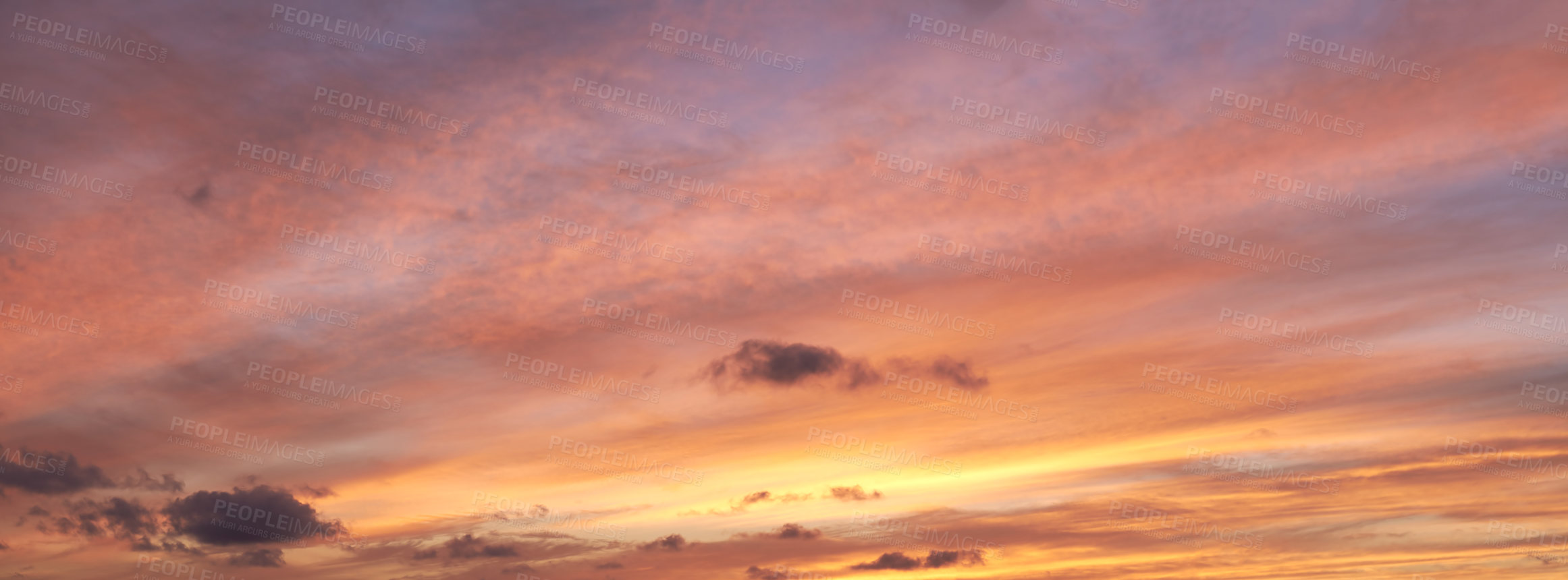 Buy stock photo Sunset, orange and sky with clouds for background, aesthetic and natural beauty. Nature, atmosphere and cloudy space with sunshine for evening, dusk and light for weather, scenic view or pattern