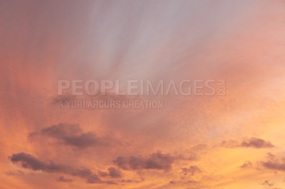 Buy stock photo Sunrise, orange and sky with clouds for background, aesthetic and natural beauty. Nature, atmosphere and cloudy streak with sunshine for morning, dawn and light on pattern, scenic view or weather