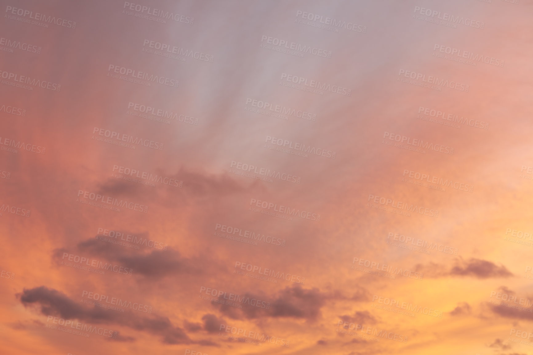 Buy stock photo Sunrise, orange and sky with clouds for background, aesthetic and natural beauty. Nature, atmosphere and cloudy streak with sunshine for morning, dawn and light on pattern, scenic view or weather
