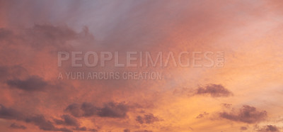 Buy stock photo Sunrise, morning and sky with clouds for background, aesthetic and natural beauty. Nature, atmosphere and cloudy pattern with sunshine, orange streak and color for space, scenic view or weather