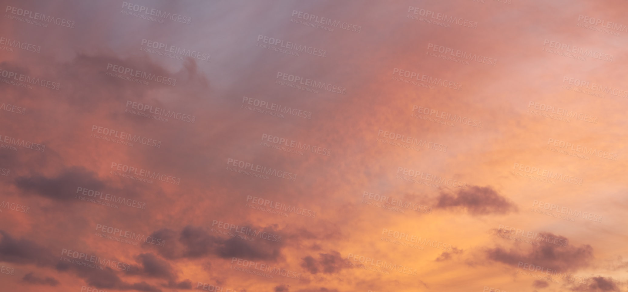 Buy stock photo Sunrise, morning and sky with clouds for background, aesthetic and natural beauty. Nature, atmosphere and cloudy pattern with sunshine, orange streak and color for space, scenic view or weather