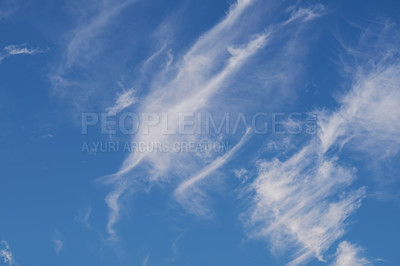 Buy stock photo Blue sky, clouds and mist in air with pattern for texture with wallpaper, background or ecology. Creative, scenic and natural fog in summer for nature with outdoor for stratosphere in environment.