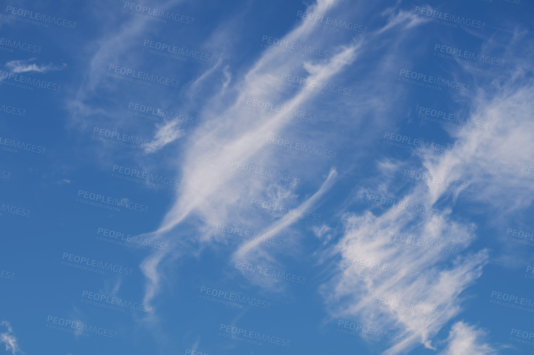 Buy stock photo Blue sky, clouds and mist in air with pattern for texture with wallpaper, background or ecology. Creative, scenic and natural fog in summer for nature with outdoor for stratosphere in environment.