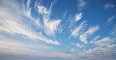 Buy stock photo Nature, pattern and blue sky with clouds in air for natural beauty, aesthetic and wallpaper. Background, atmosphere and scenic view of cloudscape for weather, horizon and climate for environment
