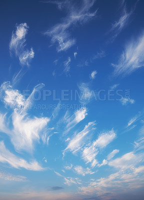 Buy stock photo Background, horizon and blue sky with clouds in air for natural beauty, aesthetic and wallpaper. Nature, atmosphere and scenic view of cloudy space for weather, pattern and climate for environment
