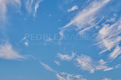 Buy stock photo Background, weather and blue sky with clouds in air for natural beauty, aesthetic and wallpaper. Nature, atmosphere and scenic view of cloudy space for environment, pattern and climate for daylight