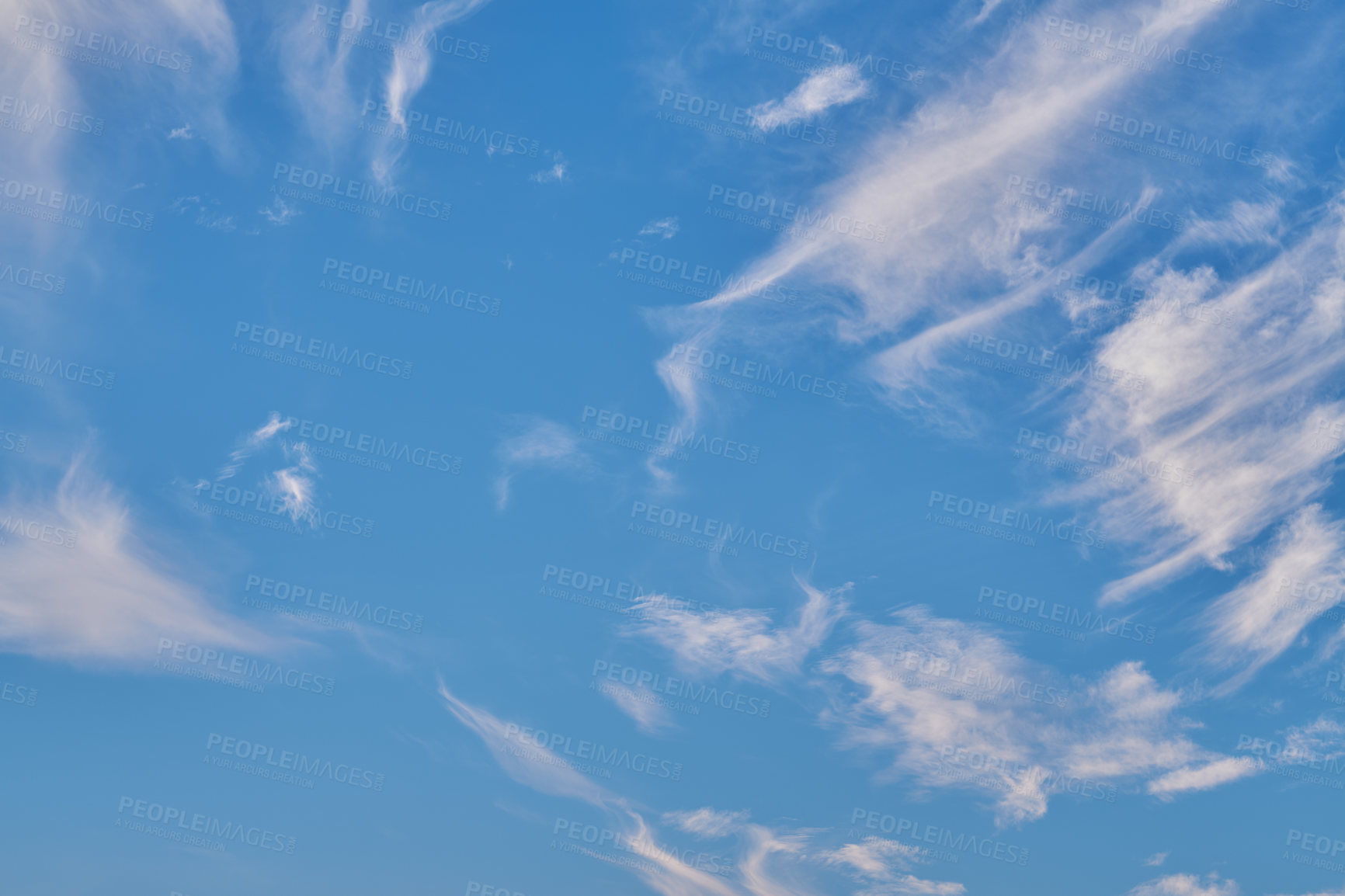 Buy stock photo Background, weather and blue sky with clouds in air for natural beauty, aesthetic and wallpaper. Nature, atmosphere and scenic view of cloudy space for environment, pattern and climate for daylight
