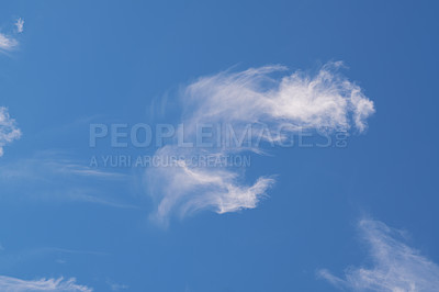 Buy stock photo Nature, background and blue sky with clouds for weather pattern, climate and natural texture in air. Scenic view, atmosphere and cloudscape for clean ozone, condensation and outdoor environment