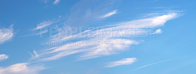 Buy stock photo Nature, background and blue sky with clouds for pattern, climate and natural texture in air. Scenic view, atmosphere and cloudscape for clean ozone, condensation and weather for outdoor environment
