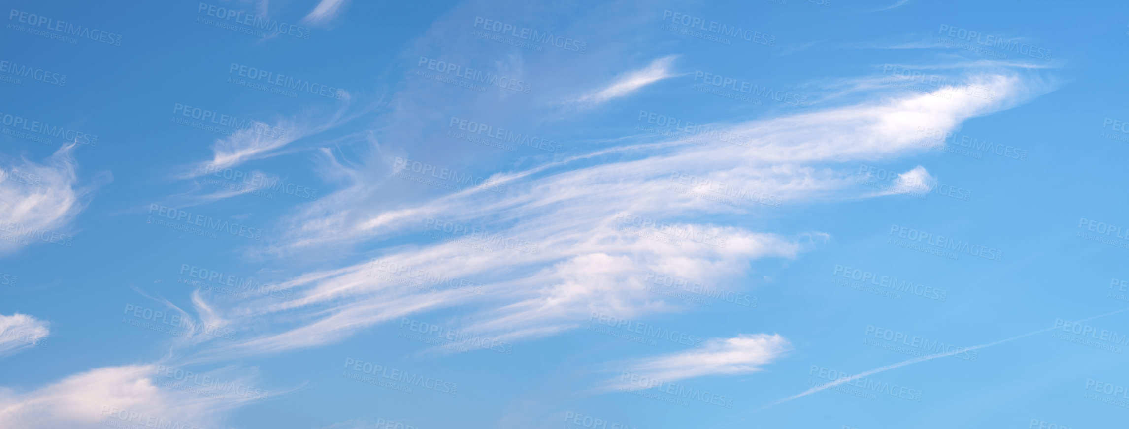 Buy stock photo Nature, background and blue sky with clouds for pattern, climate and natural texture in air. Scenic view, atmosphere and cloudscape for clean ozone, condensation and weather for outdoor environment