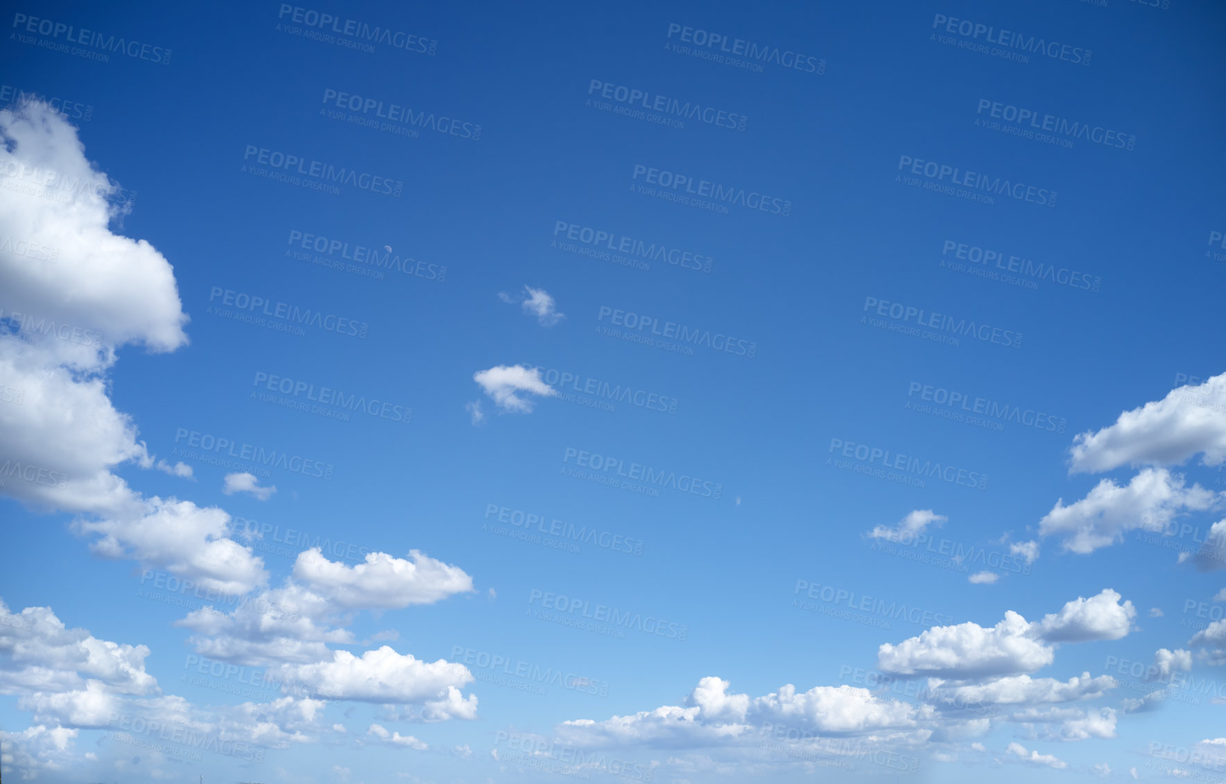 Buy stock photo Blue sky, clouds and weather landscape in air with atmosphere, natural environment and earth. Aesthetic, mockup space and cumulus in stratosphere for climate regulation, pattern and scenic background
