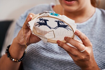 Buy stock photo Woman, embroidery and hands in closeup for stitching fabric patch with pattern and texture at home. Female person, fingers and thread with diy hobby for sewing textile, art and relax on holiday