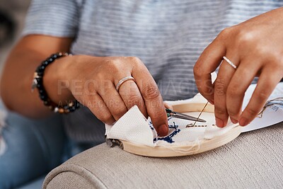 Buy stock photo Hands, woman and embroidery with sewing at house for creative decoration design of handmade ornament as tradition. Person, designer and fabric frame canvas for cross art pattern process as hobby 