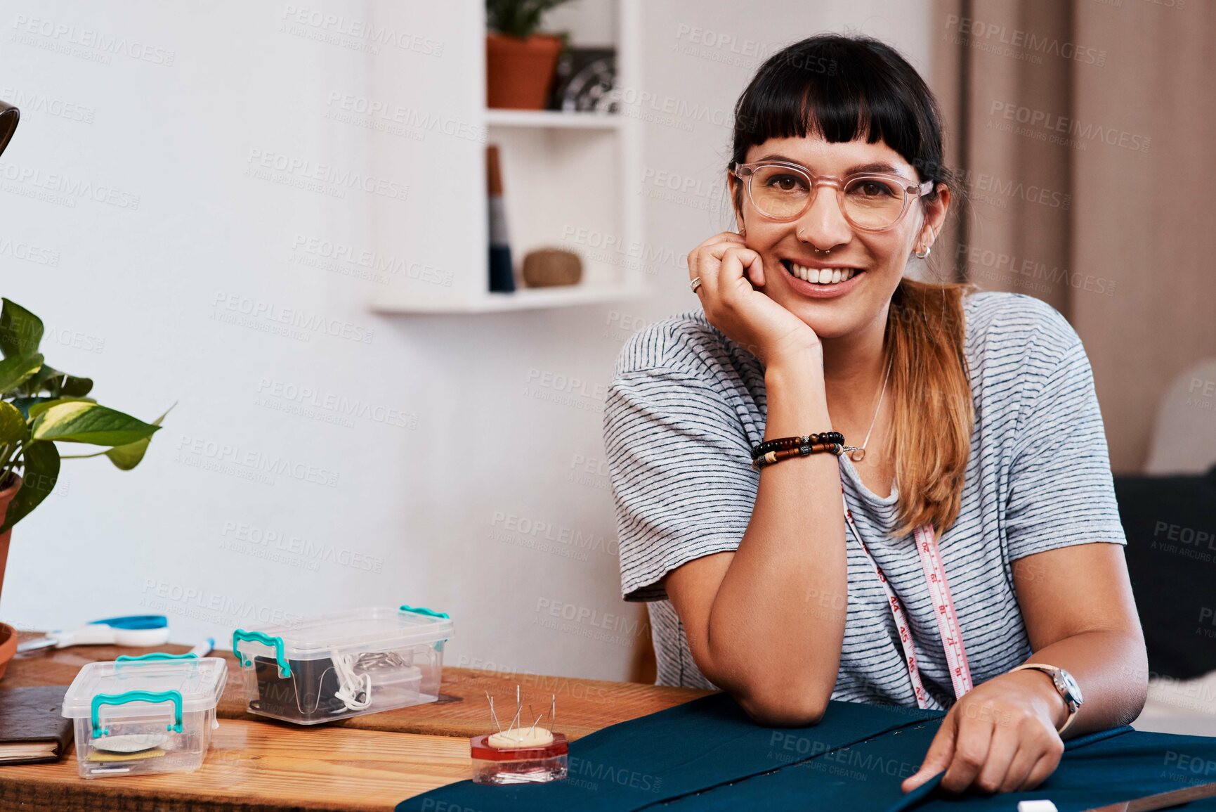Buy stock photo Business woman, portrait and designer, tape for measure or happy startup in fashion industry. Tailor, creative workshop studio and seamstress, employee and fabric textile measuring job with smile
