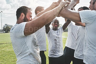 Buy stock photo Huddle, rugby success and men in celebrate teamwork, achievement or winning game in match. Champion, sports tournament competition or group of players in field or outdoor stadium for score or goals
