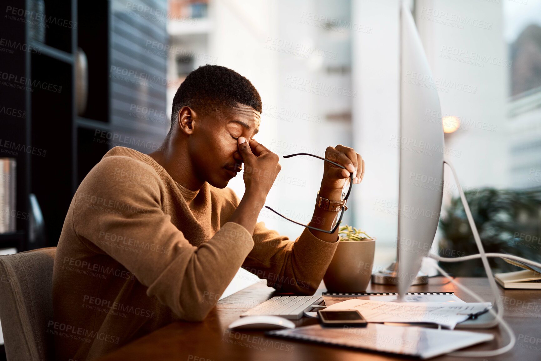 Buy stock photo Man, stress and working late on computer with glitch, error or software malfunction as employee. Male person, tech and night with fatigue, project deadline and system update in office as web designer