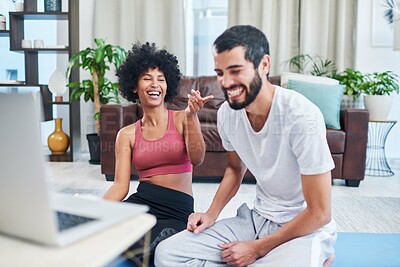 Buy stock photo Laptop, couple and laughing in home living room, bonding and streaming funny comedy on floor. Man, woman and happy people on social media, online browsing or scrolling for comic meme or fitness video