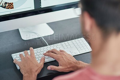 Buy stock photo Man, employee and hands on computer keyboard in office, work and copywriter online for research. Male person, professional and email client for planning agenda, project management and website review