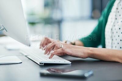 Buy stock photo Hands, typing and keyboard with computer in office, planning and editing for project at media company. Person, writer and click with pc for report, review or proposal with feedback at creative agency