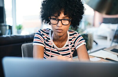 Buy stock photo Laptop, research and woman with glasses, creative and inspiration for fashion designer and online. Typing, serious and CAD software for digital sketches, portfolio and person with eyewear and project