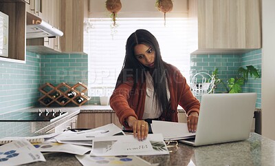 Buy stock photo Woman, phone call and stress with paperwork in a kitchen with freelance worker in home. Working, anxiety and communication of a female person doing remote work planning for business analyst job