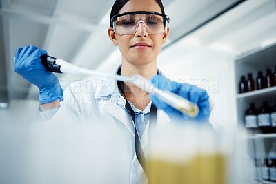 Buy stock photo Woman, vial or scientist in laboratory for medical innovation, life expectancy or antiaging medicine. Low angle,l test or healthcare biologist with chemistry liquid in research or science examination