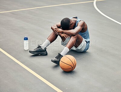 Buy stock photo Tired, depression or sad basketball player with training gear after game fail, mistake or problem. Depressed, mental health and anxiety or stress sports, athlete teenager man frustrated with results