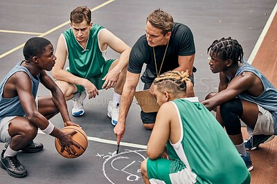 Buy stock photo Basketball, team and sport teamwork coach match planning  a fitness exercise and game. Motivation, athlete training and sports workout of people start game strategy together on a outdoor court