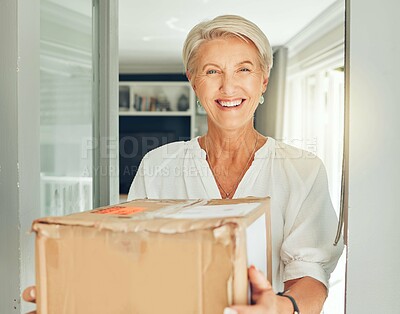 Buy stock photo Senior customer, delivery box and courier service at front door house for e commerce, distribution and shipping. Portrait of elderly woman with cardboard package for logistics, supply chain or stock