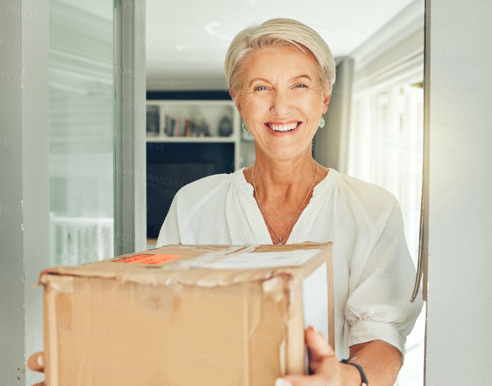 Buy stock photo Senior customer, delivery box and courier service at front door house for e commerce, distribution and shipping. Portrait of elderly woman with cardboard package for logistics, supply chain or stock