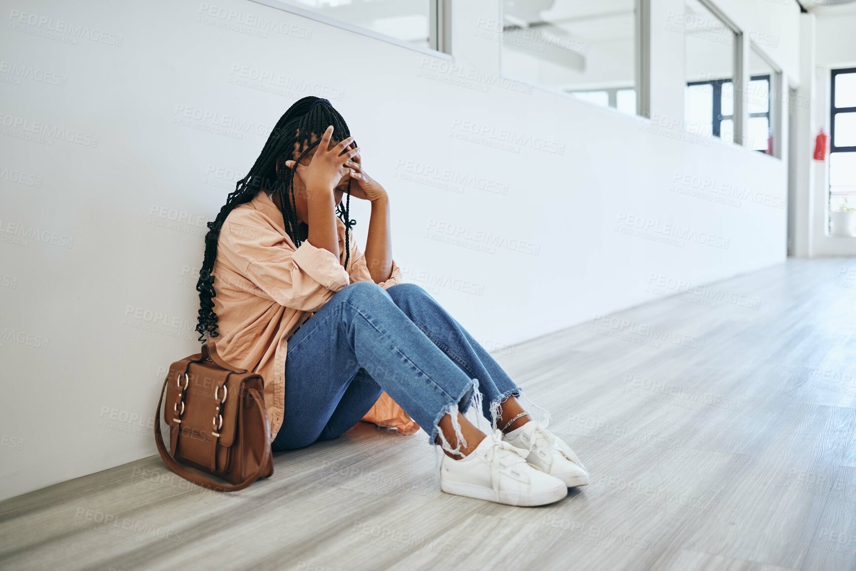 Buy stock photo Stress, anxiety and woman on the floor in office with depression, frustration and mental health problems. Burnout, overworked and tired girl sitting and crying with a headache in a modern workplace.