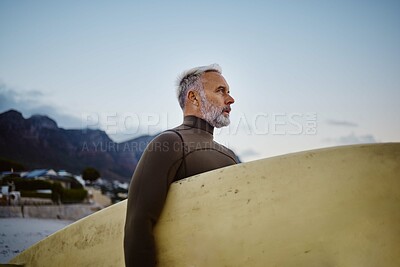 Buy stock photo Surfer, beach and old man with surfboard to start surfing with freedom and ocean waves in Brazil outdoors. Sports, tourist and senior person in retirement looking at sea water on holiday vacation