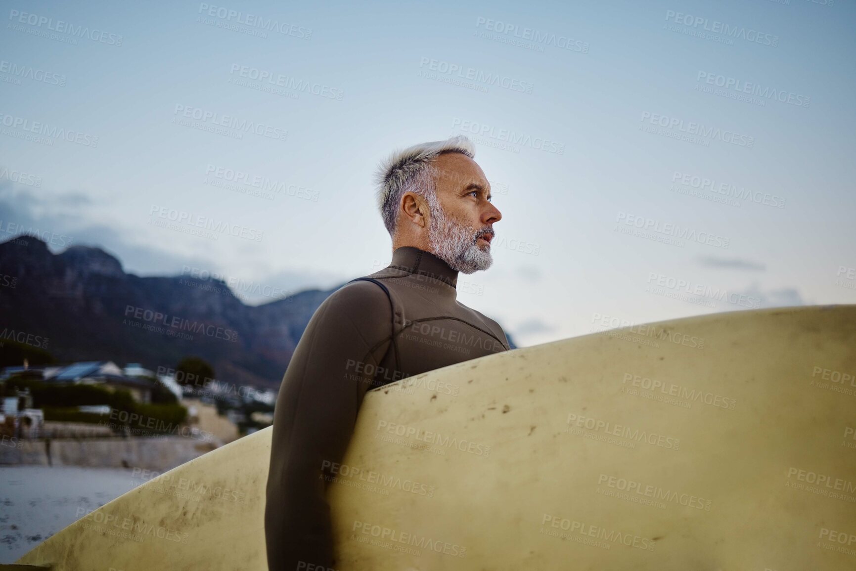 Buy stock photo Surfer, beach and old man with surfboard to start surfing with freedom and ocean waves in Brazil outdoors. Sports, tourist and senior person in retirement looking at sea water on holiday vacation