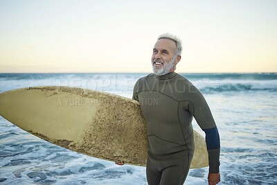 Buy stock photo Summer, surfing and portrait of old man at the beach in the morning. Retired senior man with surfboard, hand sign and smile on face ready to surf at sunrise. Ocean, hobby and water sport in Australia