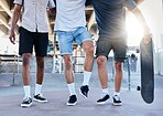 Fitness, skateboard and legs of friends at a skatepark in a city for training, sports and summer fun. Shoes, men and skateboarder group walking before a workout, practice and skating together 