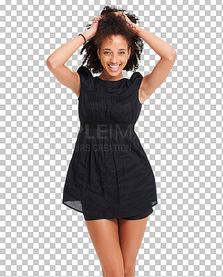 Buy stock photo Fashion, happy and portrait of a woman with chic, casual and designer brand clothes. Style, young and female model with a stylish, trendy and cute dress outfit isolated by transparent png background.