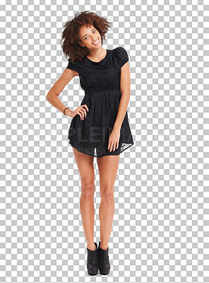 Buy stock photo Woman in portrait, fashion and model smile, natural beauty and hair isolated on transparent, png background. Female person posing in little black dress, luxury and designer with style and confidence