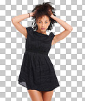 Fashion, beauty and portrait of a black woman with natural hair on isolated on a png background wearing a black dress. Young female model posing with free space for marketing and advertising cosmetics or clothes