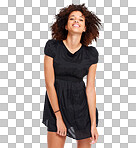 Happy, portrait and African fashion model in a studio with casual, designer brand and chic clothes. Style, young and black woman with a stylish, apparel and cute dress outfit by a isolated on a png background.